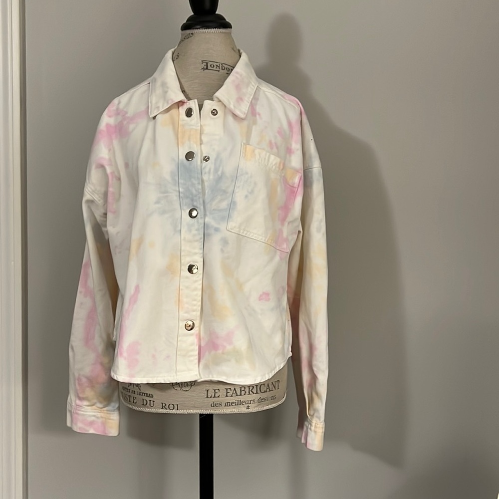 Hem & Thread White Tie Dye Snap Front Denim Jacket